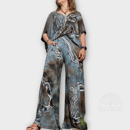 Front view of Driftwood palazzo and twist top set, a hand-dyed bamboo viscose two-piece with fluid drape, wide-leg pants, and layered blue-gray and charcoal tones.