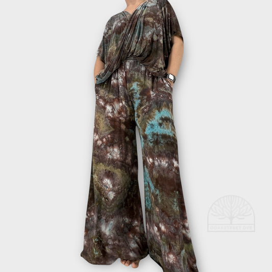 Bronzite tie-dye palazzo pant and twist top set in earthy bronze, charcoal, olive, and subtle blue tones