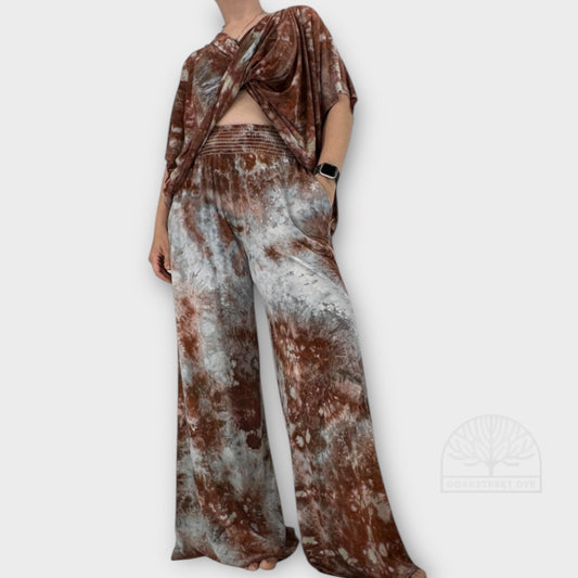 Clay Stone palazzo and twist top set in hand-dyed bamboo fabric with warm clay browns, soft gray, and pale sky blue tones.