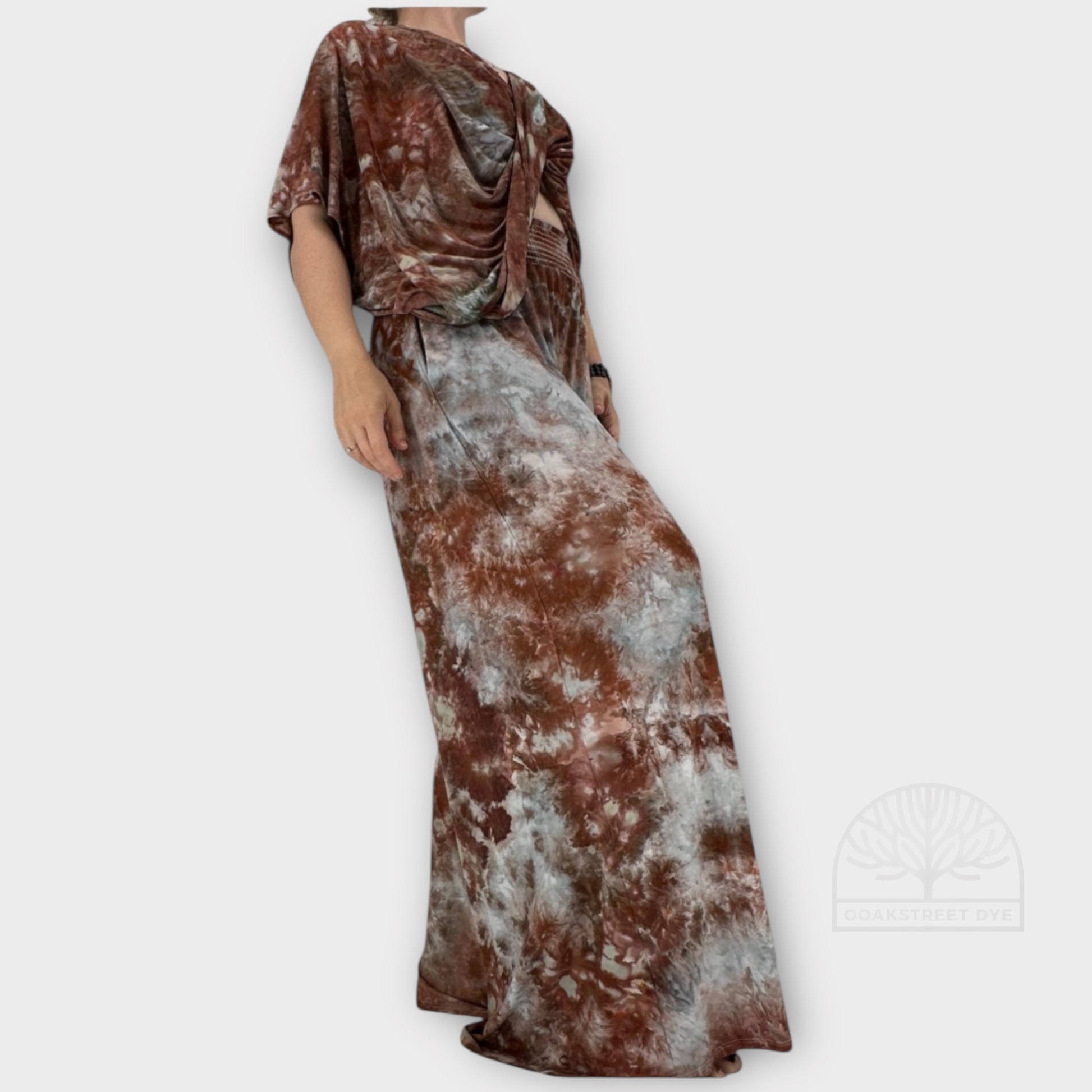 Clay Stone palazzo and twist top set in hand-dyed bamboo fabric with warm clay browns, soft gray, and pale sky blue tones