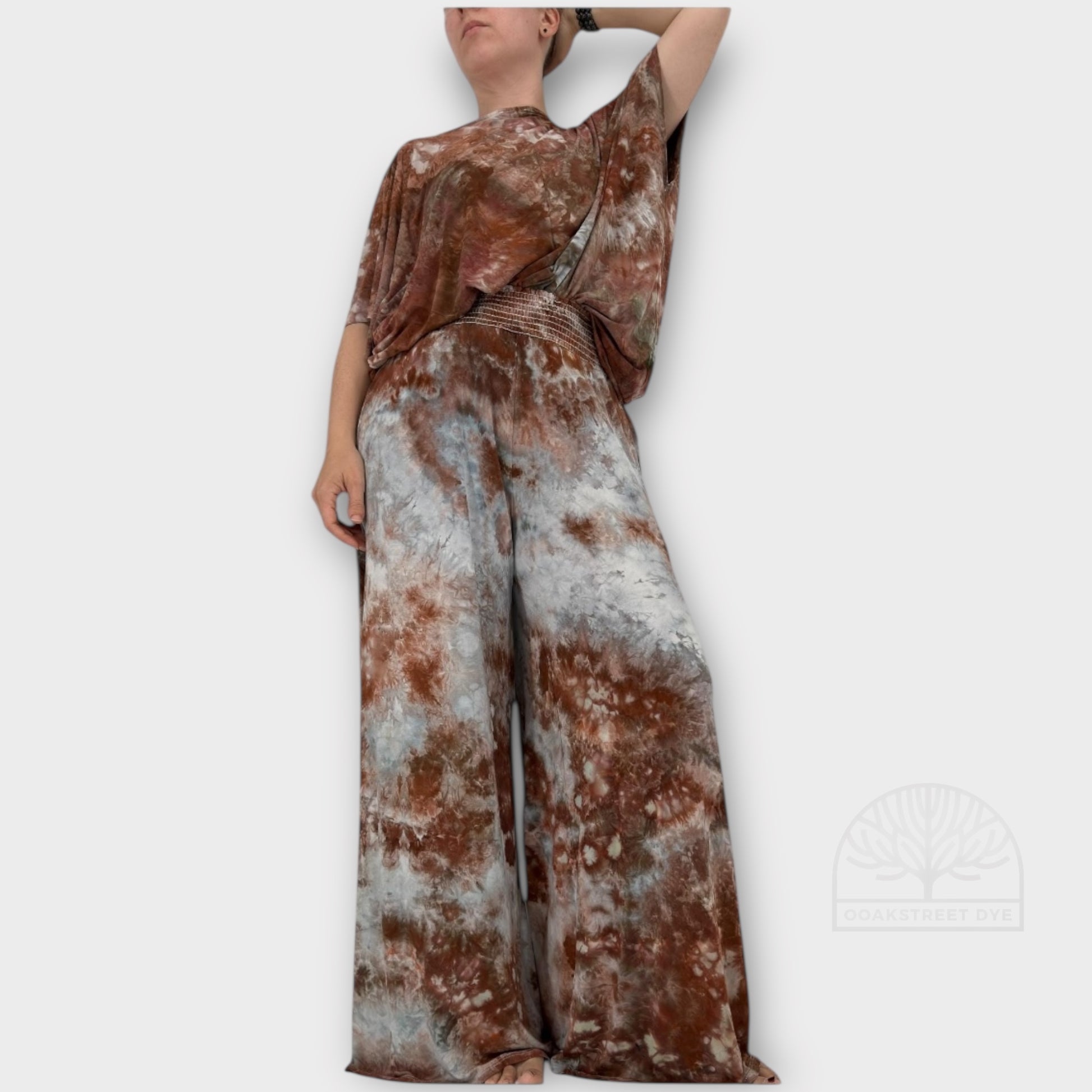 Clay Stone palazzo and twist top set in hand-dyed bamboo fabric with warm clay browns, soft gray, and pale sky blue tones