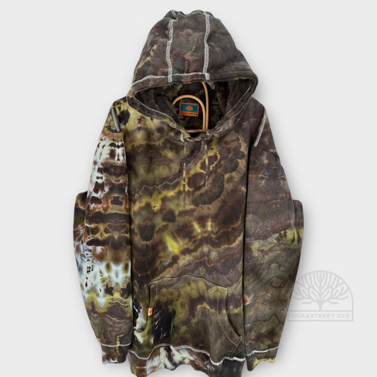 Hand dyed hoodie in Forest Floor Color-way -- a mix of earthy bronze, moss, and pops of gold on a white background